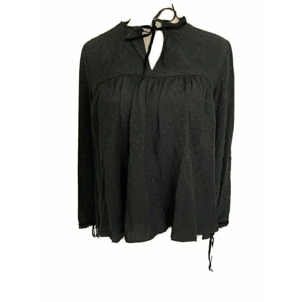 Zara Womens Solid Black Polka Dot Long Sleeve Oversized Top Blouse Xs